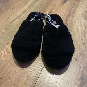 UGG Black Quilted Fuzzy Slide Sandals with Branded Heel Strap